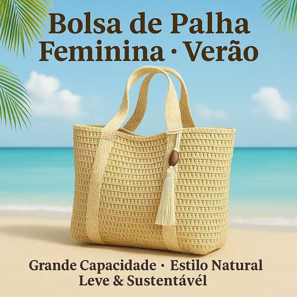 Bolsa de Palha Feminina de Verão | Bolsa de Praia Grande Capacidade | Ecológica e Estilosa
