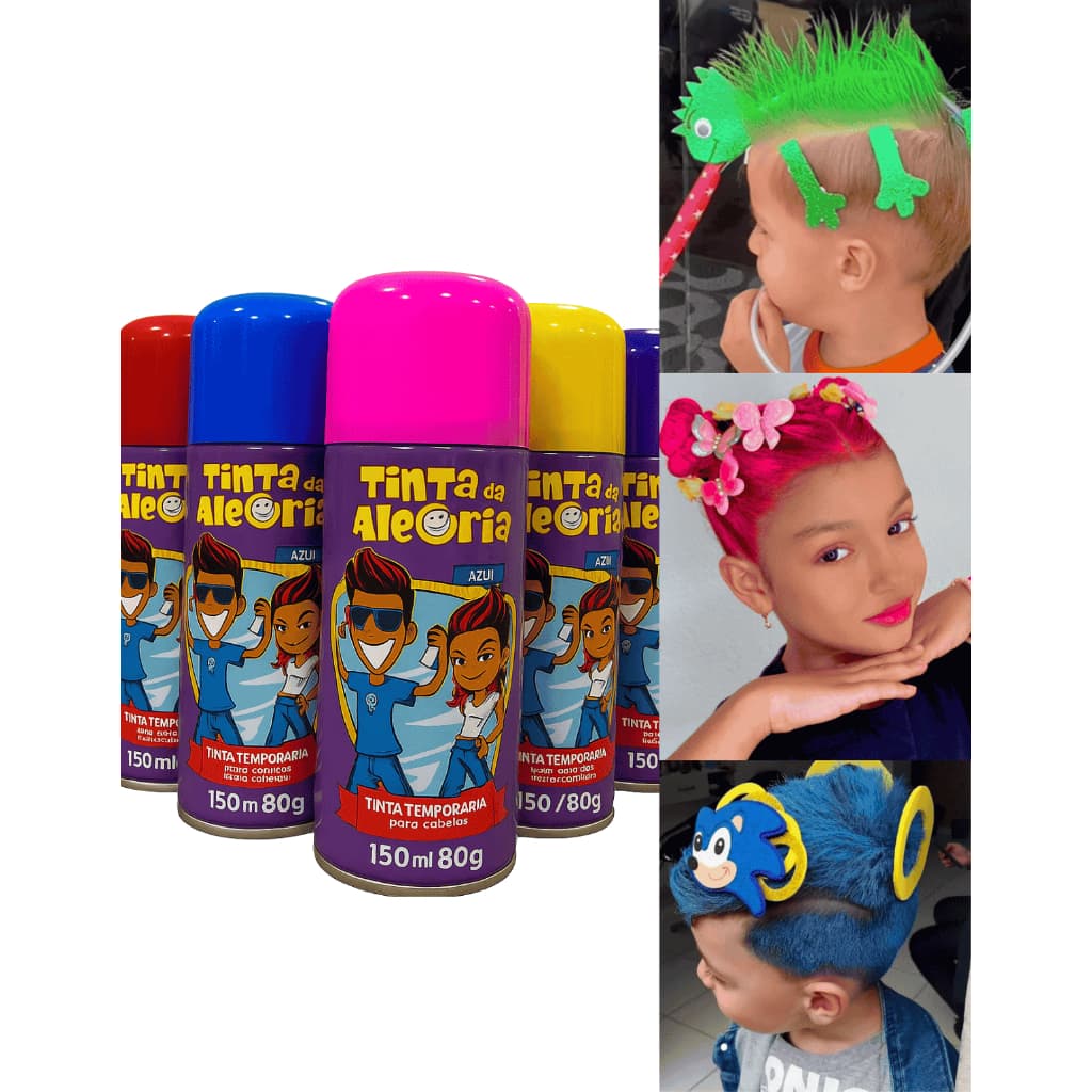 Tinta Spray Colorida Para Cabelo Lavável Infantil 150ml Dia das Crianças Festa Cabelo Maluco Festa