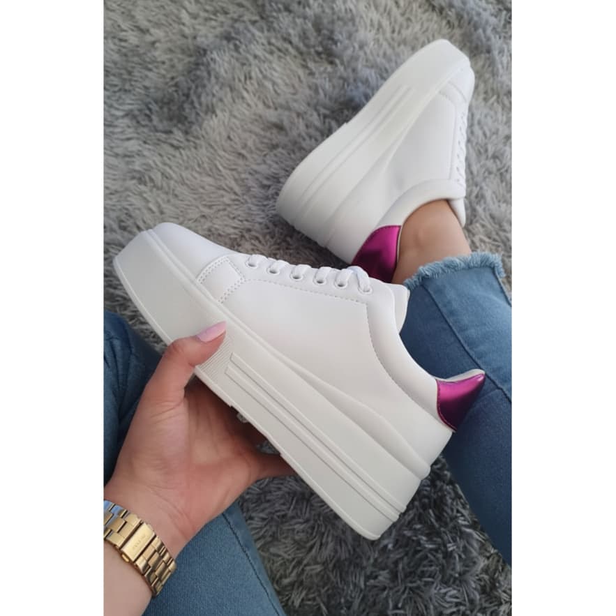Tênis Flatform Plataforma Branco Traserinha Pink