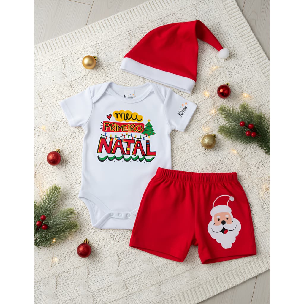 Body Tématico Natal Body + Short + Gorro Fantasia Papai Noel Bebe