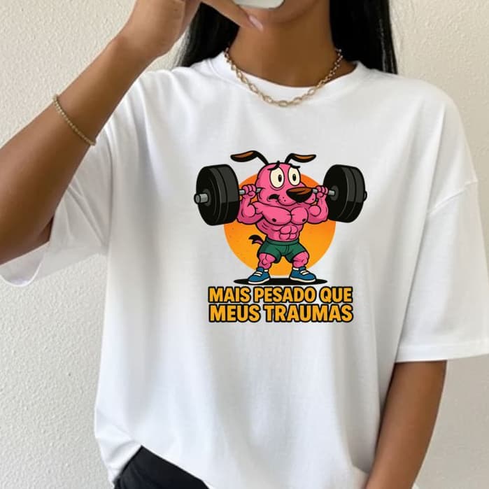 Camiseta Tshirt Oversized 100%Algodão  Feminina Gym Treino Academia Fitness Musculação coragem cao