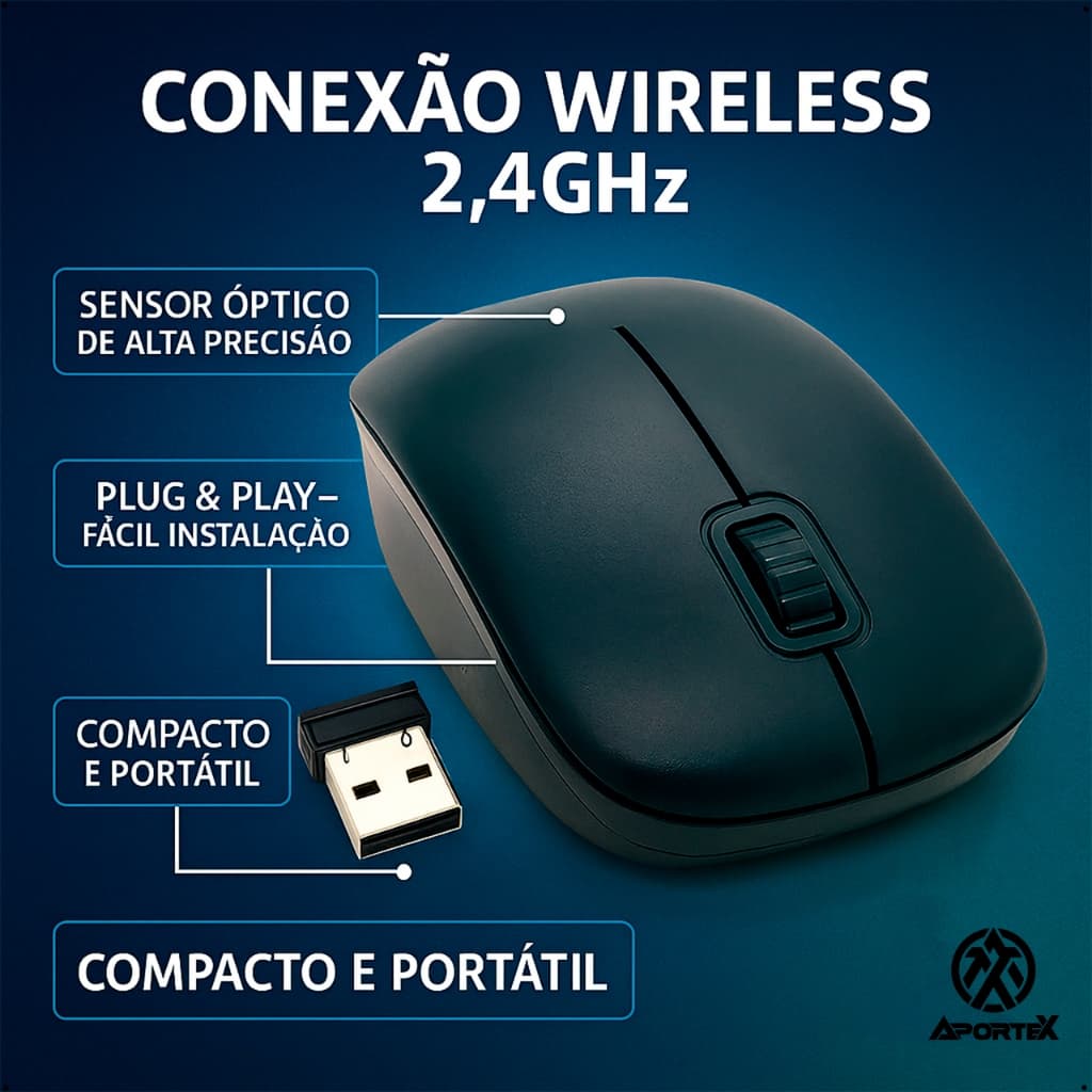 Mouse Sem Fio USB Wireless 2,4ghz Com Sensor Óptico Compacto e Portátil