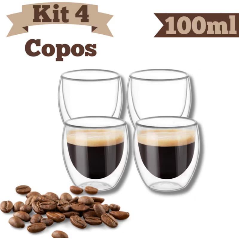 COPOS DE VIDRO BOROSSILICATO PAREDE DUPLA ISOLANTE TERMICA CAFÉ 100ML
