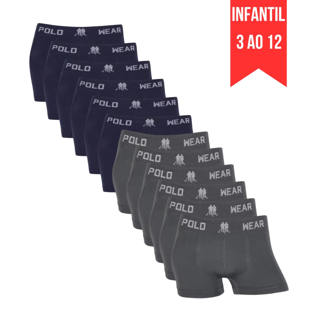 Kit 12 Cuecas Infantil Masculina Polo Wear Sem Costura Lisa Poliéster