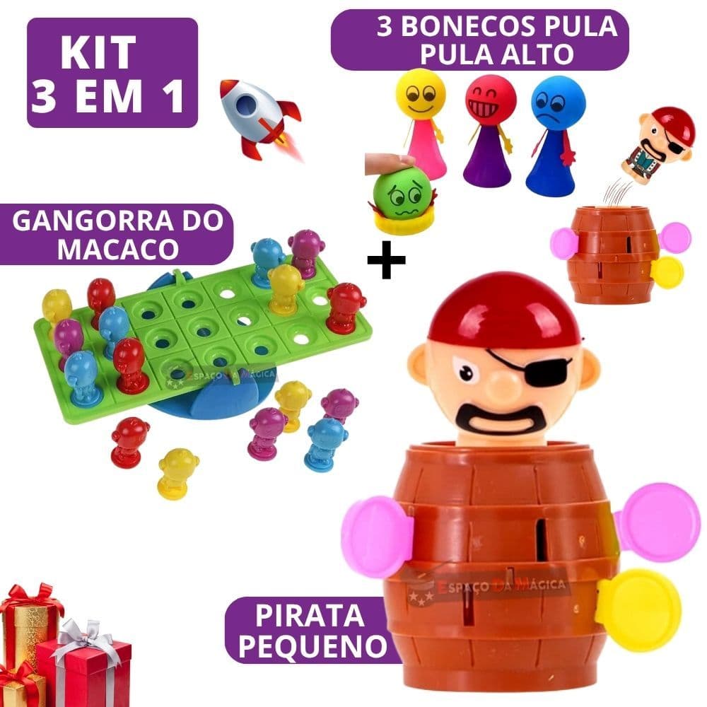 Kit Brinquedos Jogo De Mesa Pula Pirata + 3 Boneco Pula Pula + Jogo  Gangorra Do Macaco