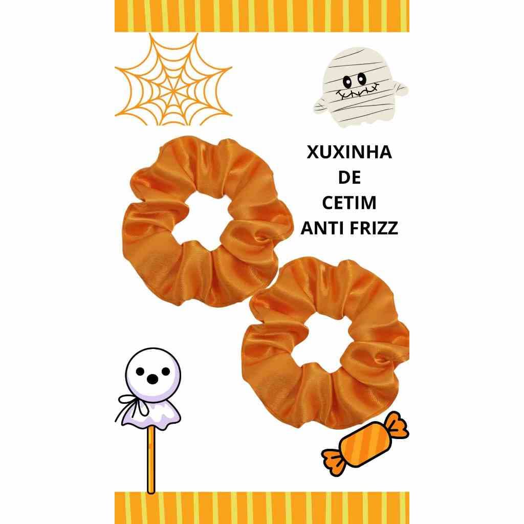 KIT XUXINHA DE CETIM ANTI FRIZZ , 2 UNIDADES NA COR LARANJA + 1 FAIXA DE CABELO 5X22CM HALLOWEEN