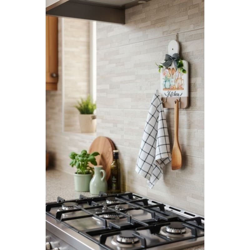 Placa Decorativa Tábuas "Kitchen" Rústica com Ganchos | Porta-utensílios ,Pano de Prato