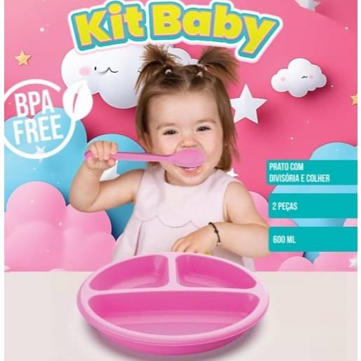 Kit Prato infantil com colher ergonômica e três divisórias  COR ROSA