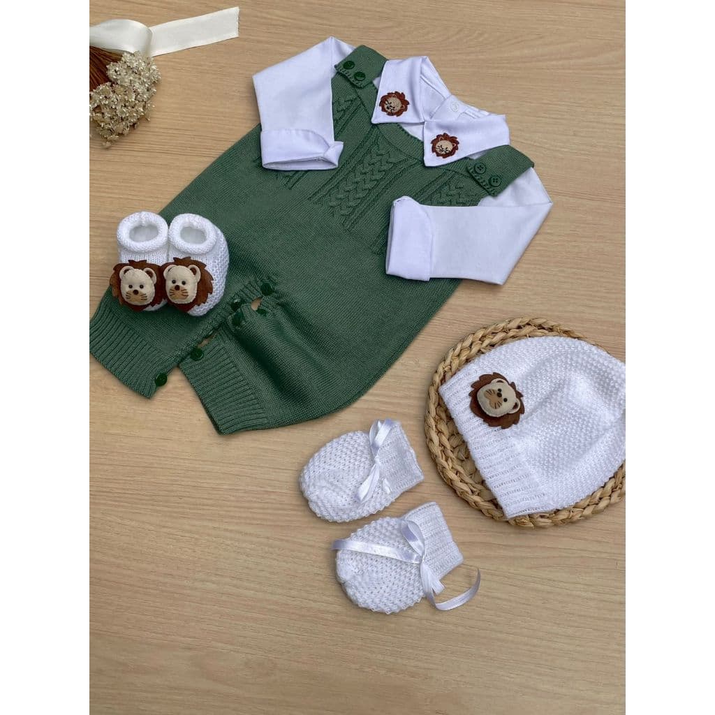 Saída de Maternidade Tricot Verde Militar 5 Peças com Bordado de Leão – Kit Recém-Nascido Menino Dinhos Baby