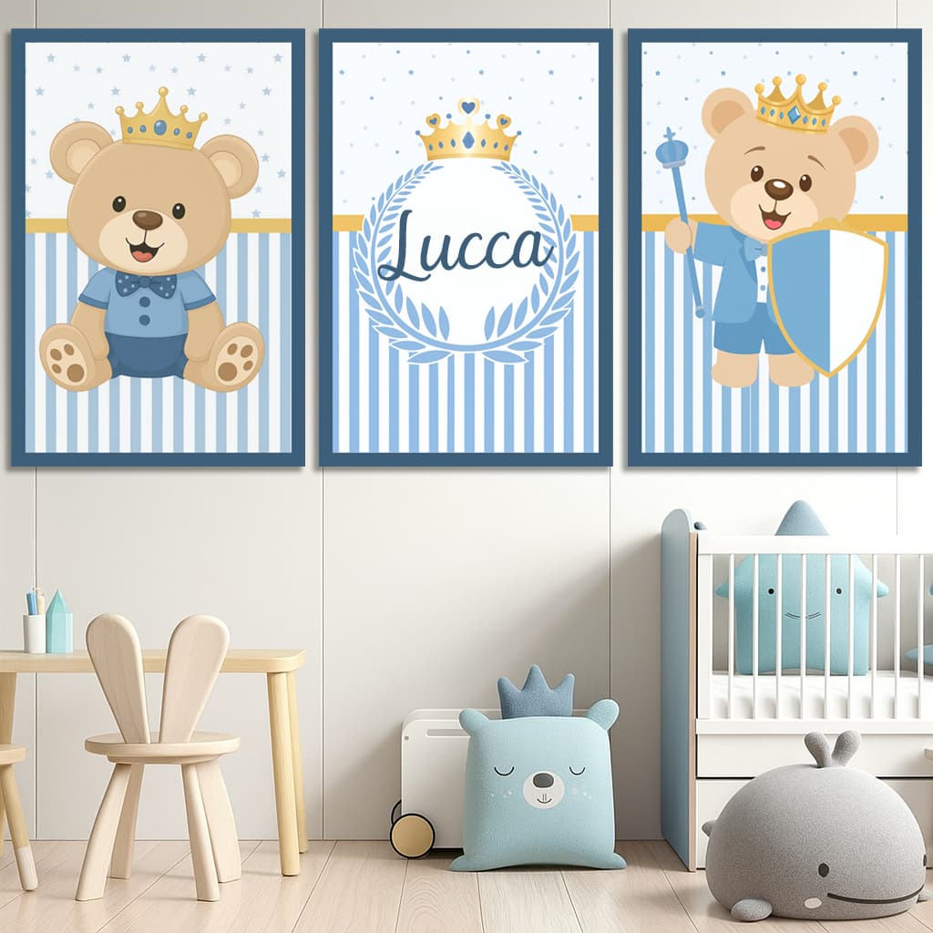 Quadros Decorativos Ursinho Principe Urso Rei Azul Coroa Bebe Infantil Personalizado Nome