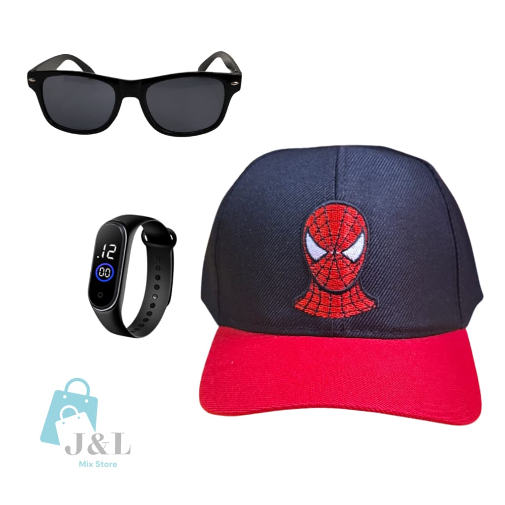 Boné Infantil Bordado Personagem Homem Aranha com Óculos de Sol e Relógio de Led meninos