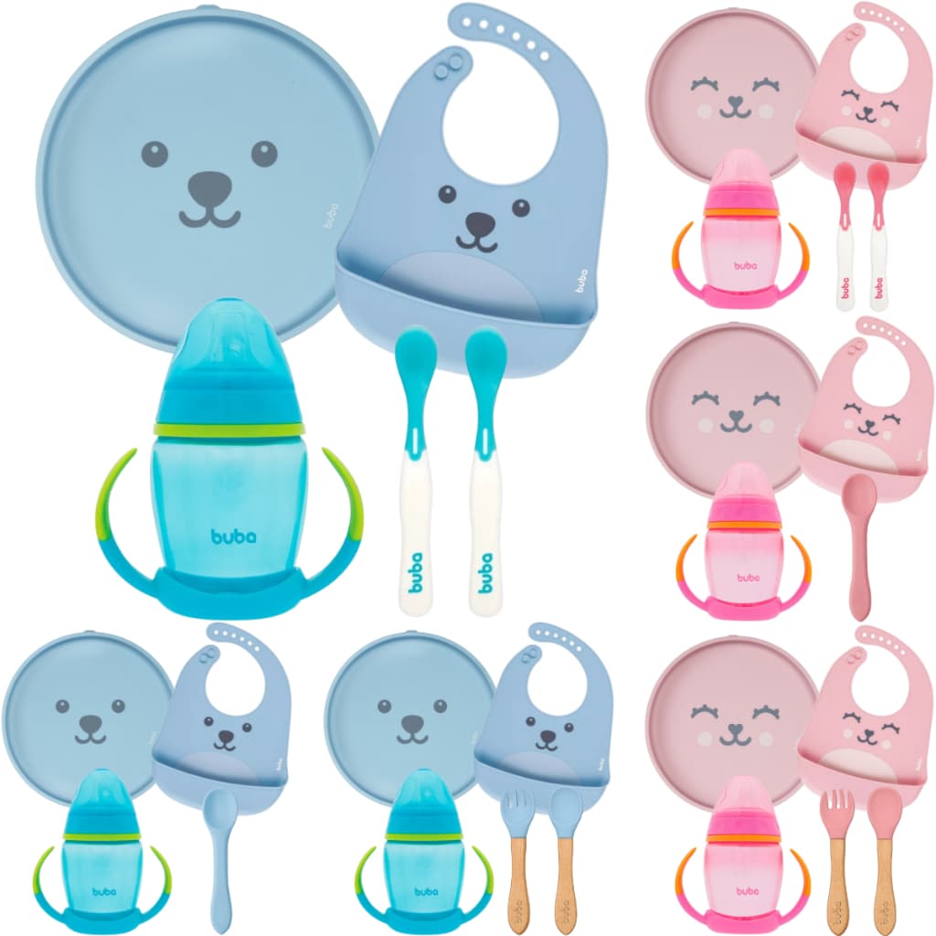 Kit Introdução Alimentar Buba Prato Silicone Ventosa Babador Gumy Copo Talheres Colher Garfo
