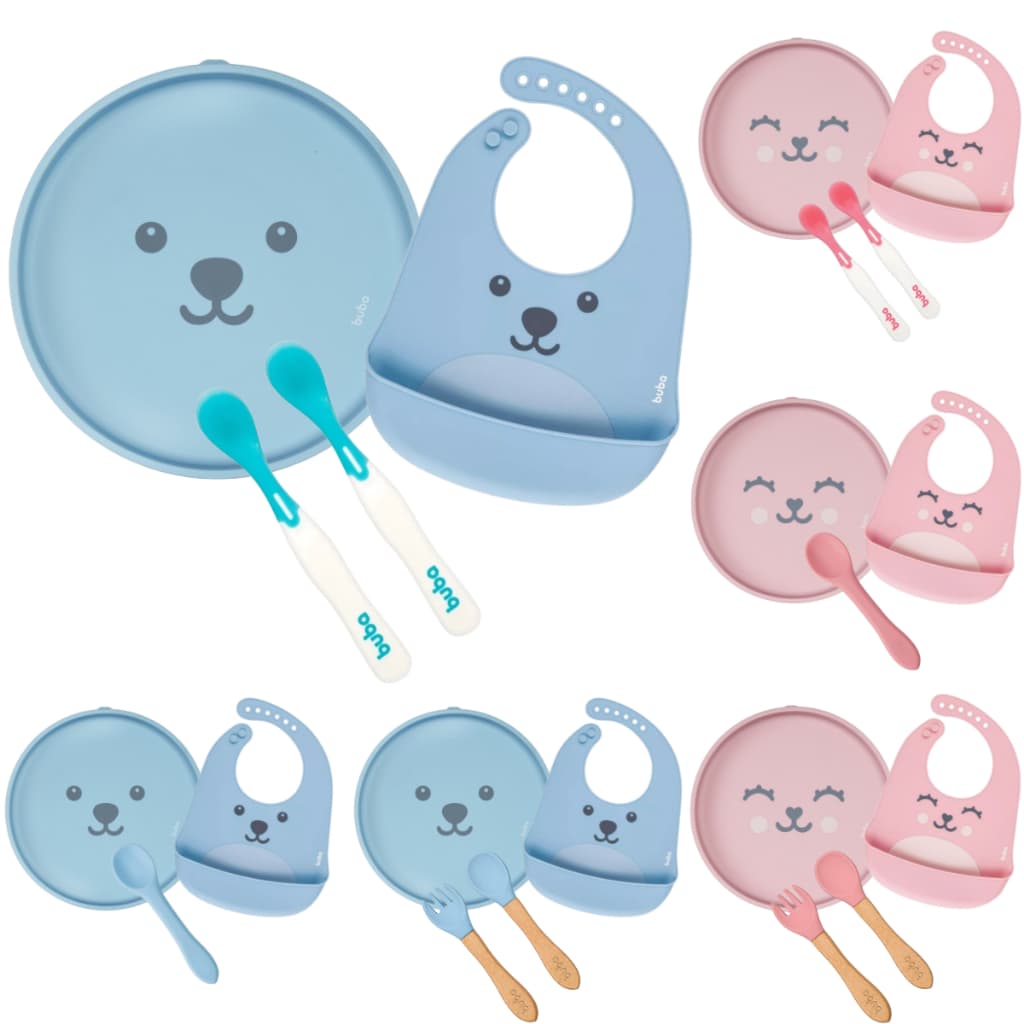 Kit Introdução Alimentar Buba Prato Silicone Ventosa Babador Gumy Talheres Colher Garfo