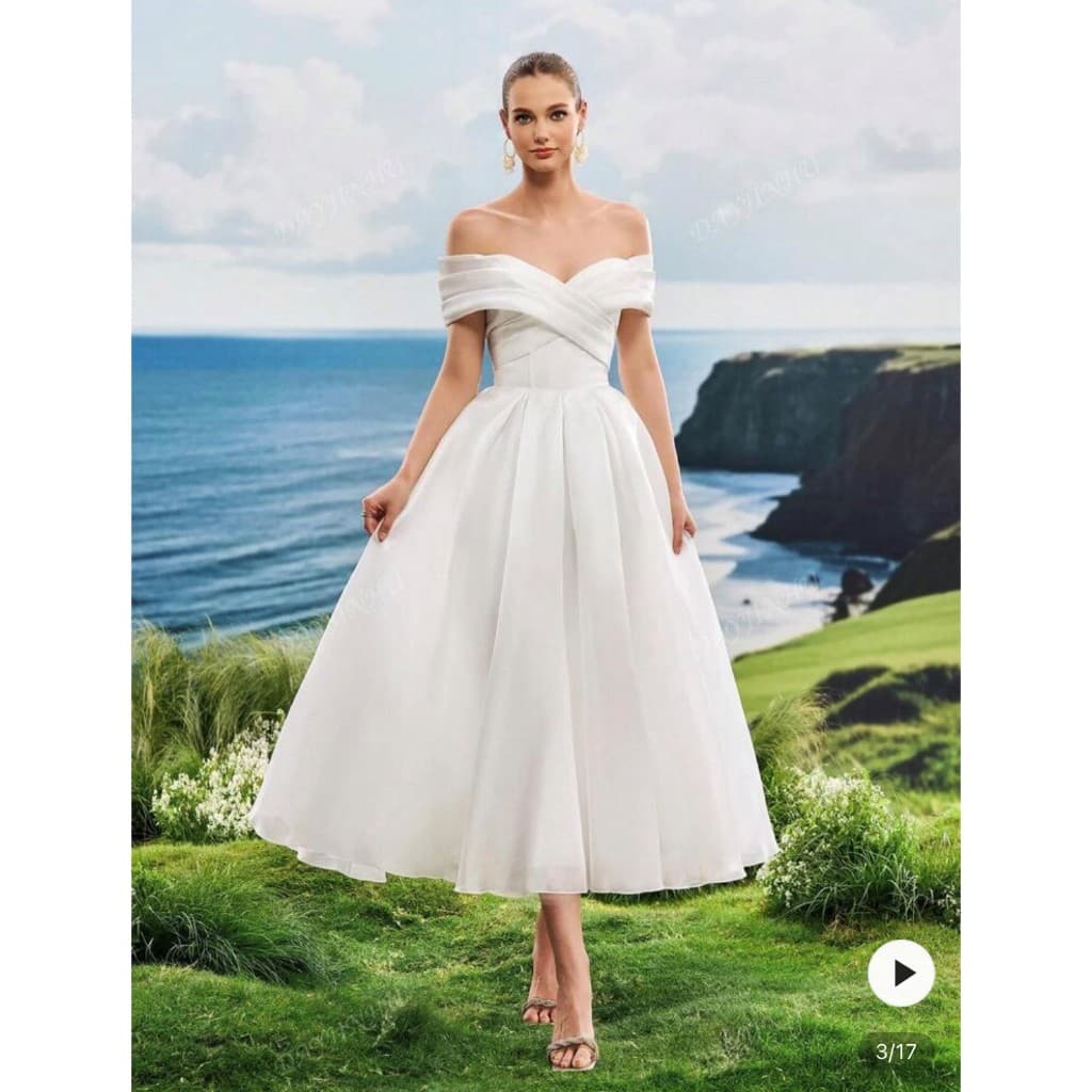 Vestido de Noite Elegante de Mulher Linha-A Branco de Cetim Acetinado com Ombro de Fada, Vestido de Noiva, Casamento