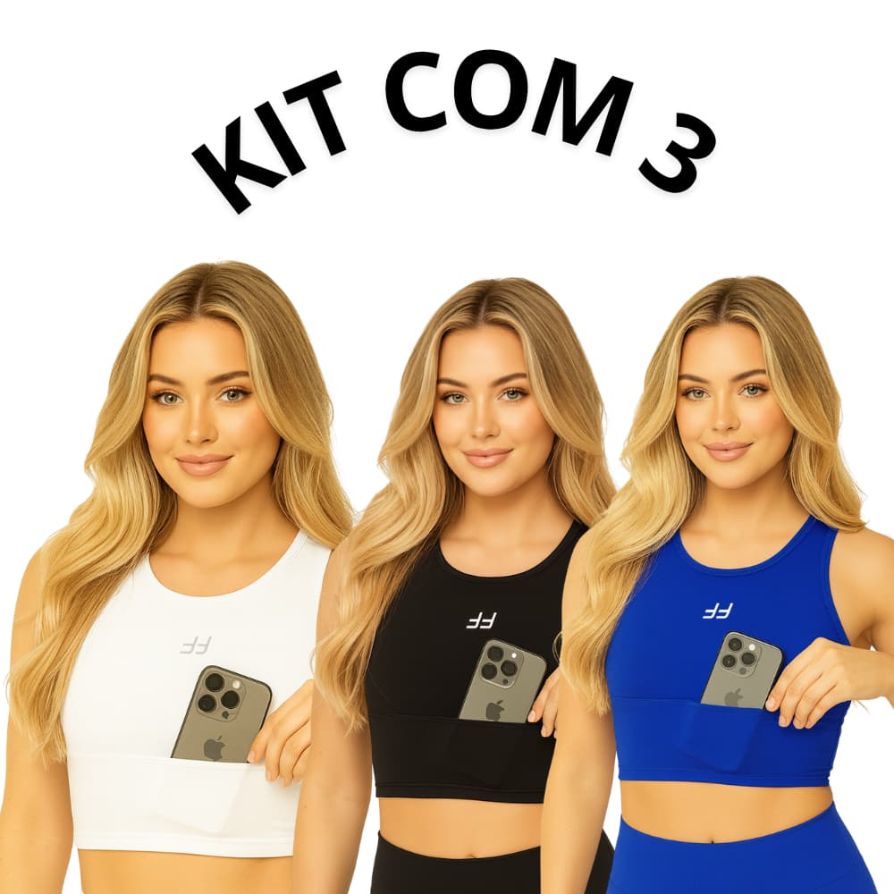 Kit com 3 Top com Bolso para Corrida Feminino Alta Compressão Academia Fitness