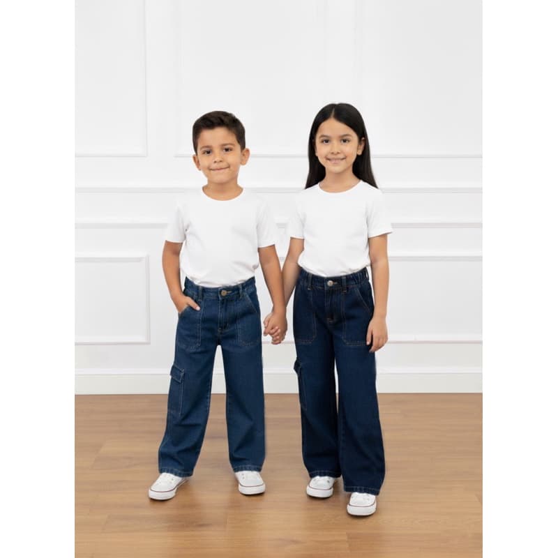 Calça Cargo Juvenil Infantil Jeans feminina e masculina (unisex) Super tendencia Larga Bolso Na Lateral Alta