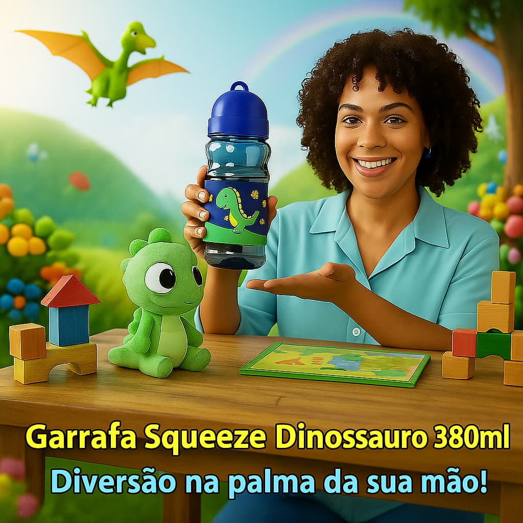 Garrafa Infantil Criança Escolar Emborrachada 3D Dinossauro Canudo Silicone Garrafinha Squeeze 380ml