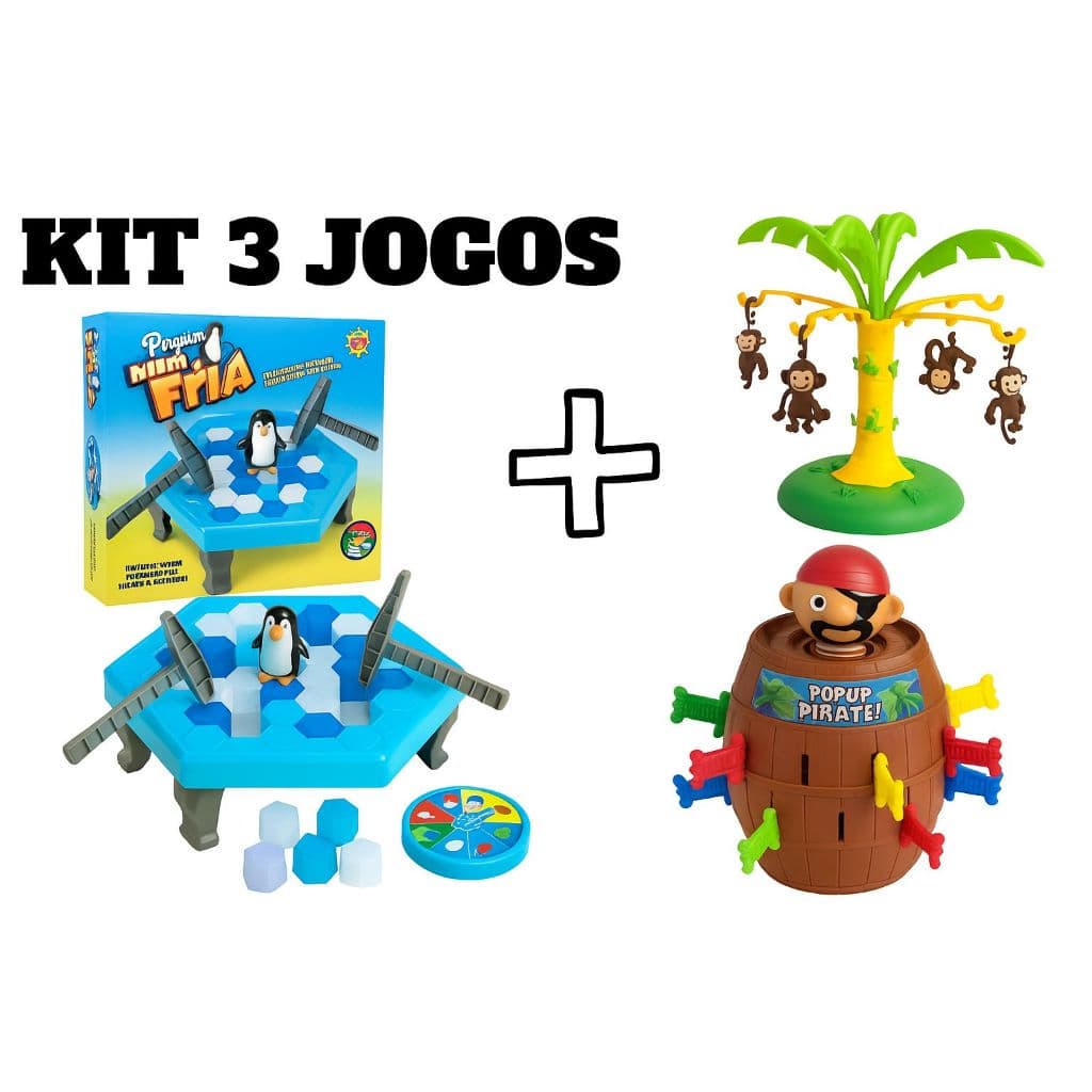 Kit 3 Jogos Infantis  Pirata + Pinguim e Cada Macaco No Seu Galho Pula Barril Quebra Gelo Brinquedos