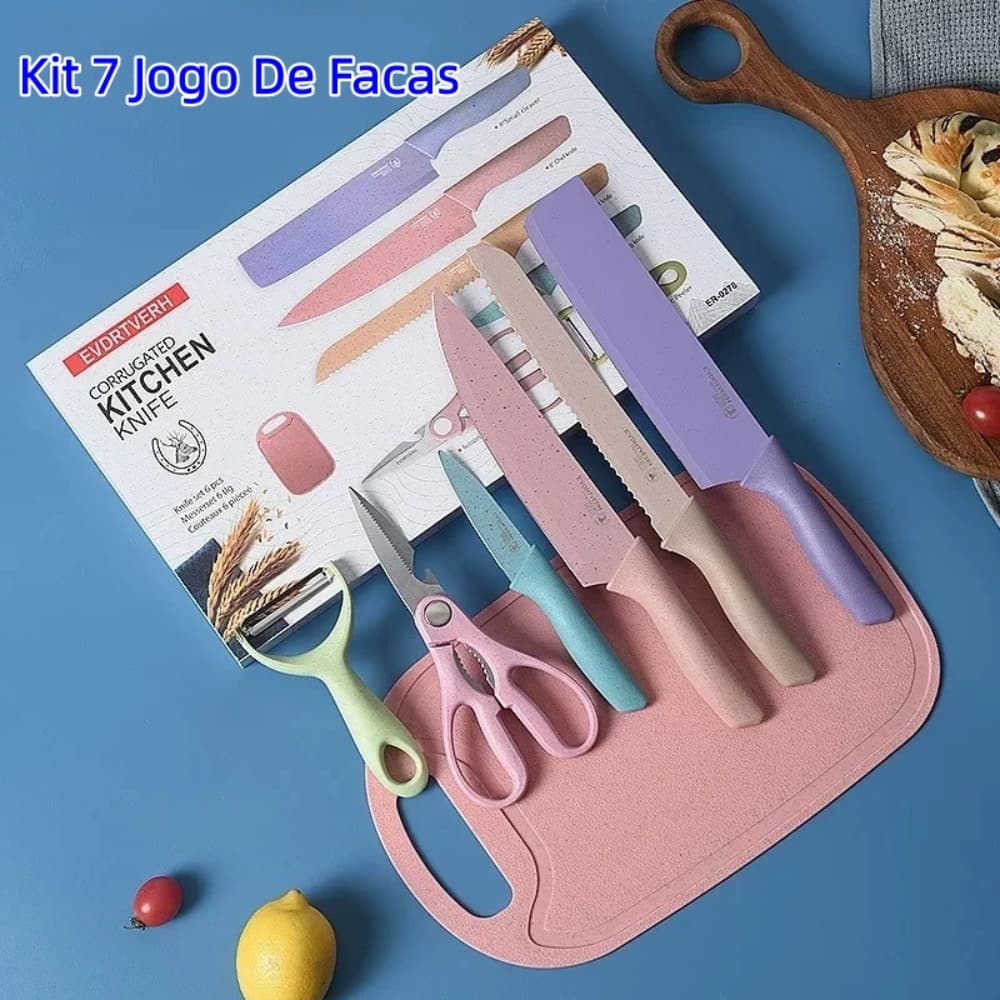 Jogo kit 7 peças facas Tabua Descascador Tesoura Profissional Cozinha Gourmet Faca de Churrasco / Entrega Rápida
