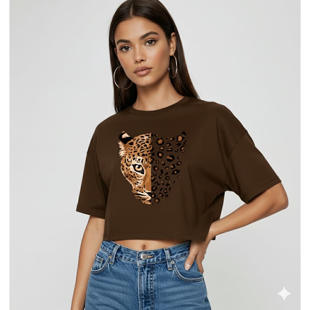Cropped Feminino Oversize Onça Estampa Blogueira Tumblr Animal Print T-shirt Manga Curta
