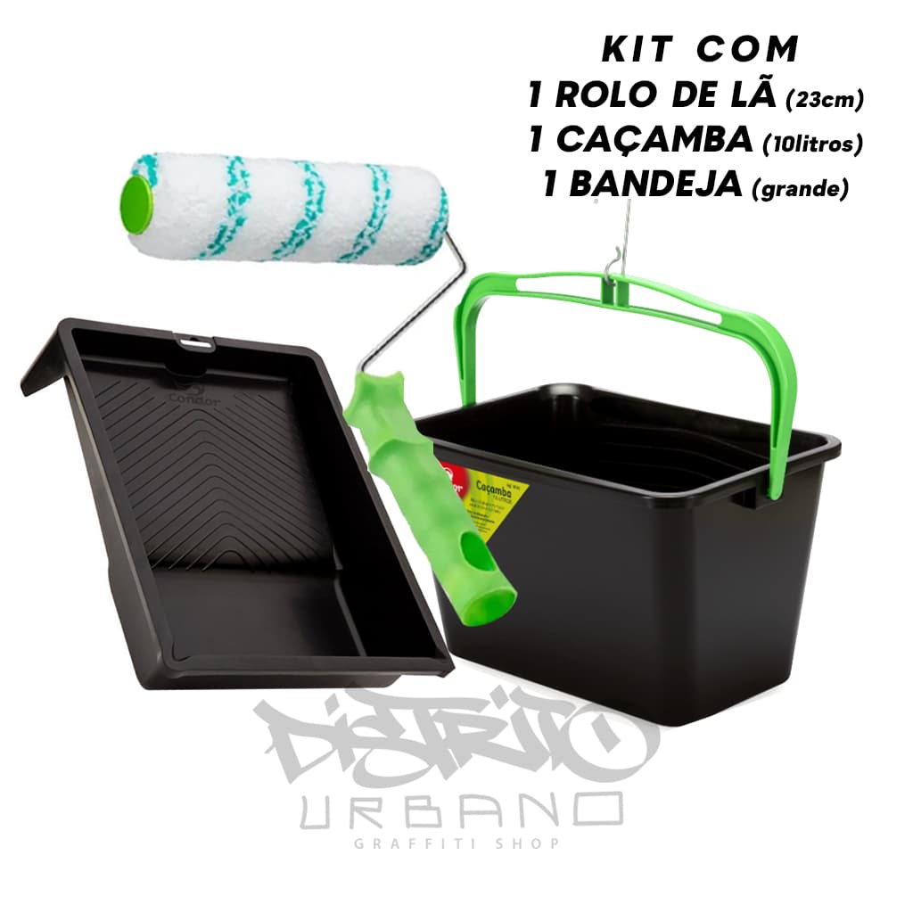 Rolo de Lã 23cm + Bandeja + Caçamba 10lt para tinta - Kit c/ 3 pçs Pintura Profissional Condor