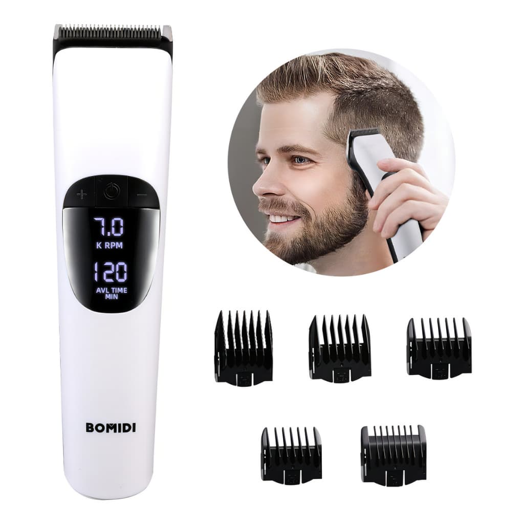 Máquina de Cortar Cabelo BOMIDI Aparador Barba Elétrica Profissional 5 Pentes Ajustavéis Display LCD