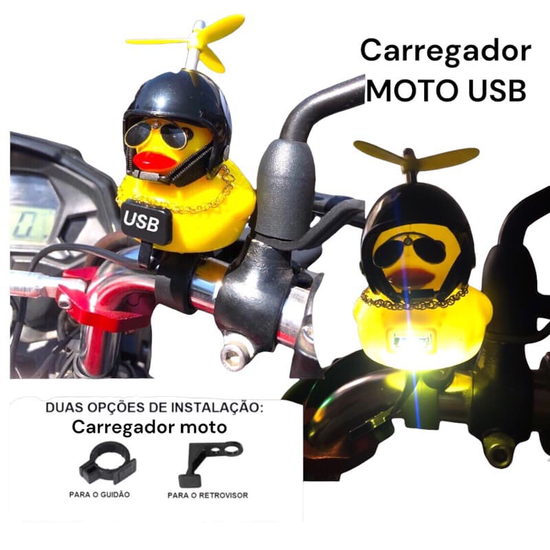 Patinho quebra vento  Carregador moto USB aprova d’água Decoração de bicicleta motocicleta  com capacete e led