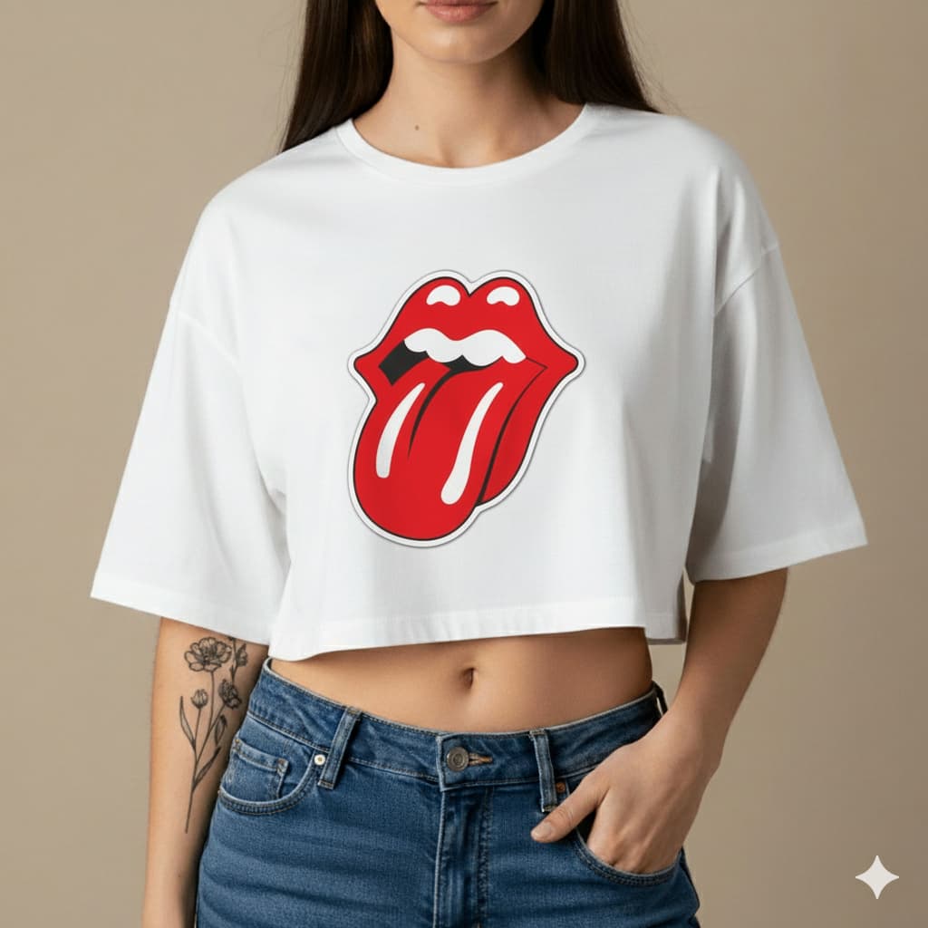 Cropped de Algodão Oversize Blusa Estampa  Rolling Stones T-Shirt Lingua Rock Estilo Gringa