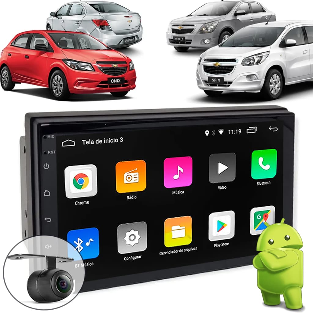 KIT Central Multimídia Android Auto Carplay 7 pol Onix Prisma Lt Ltz Cobalt Spin + Moldura + Câmera