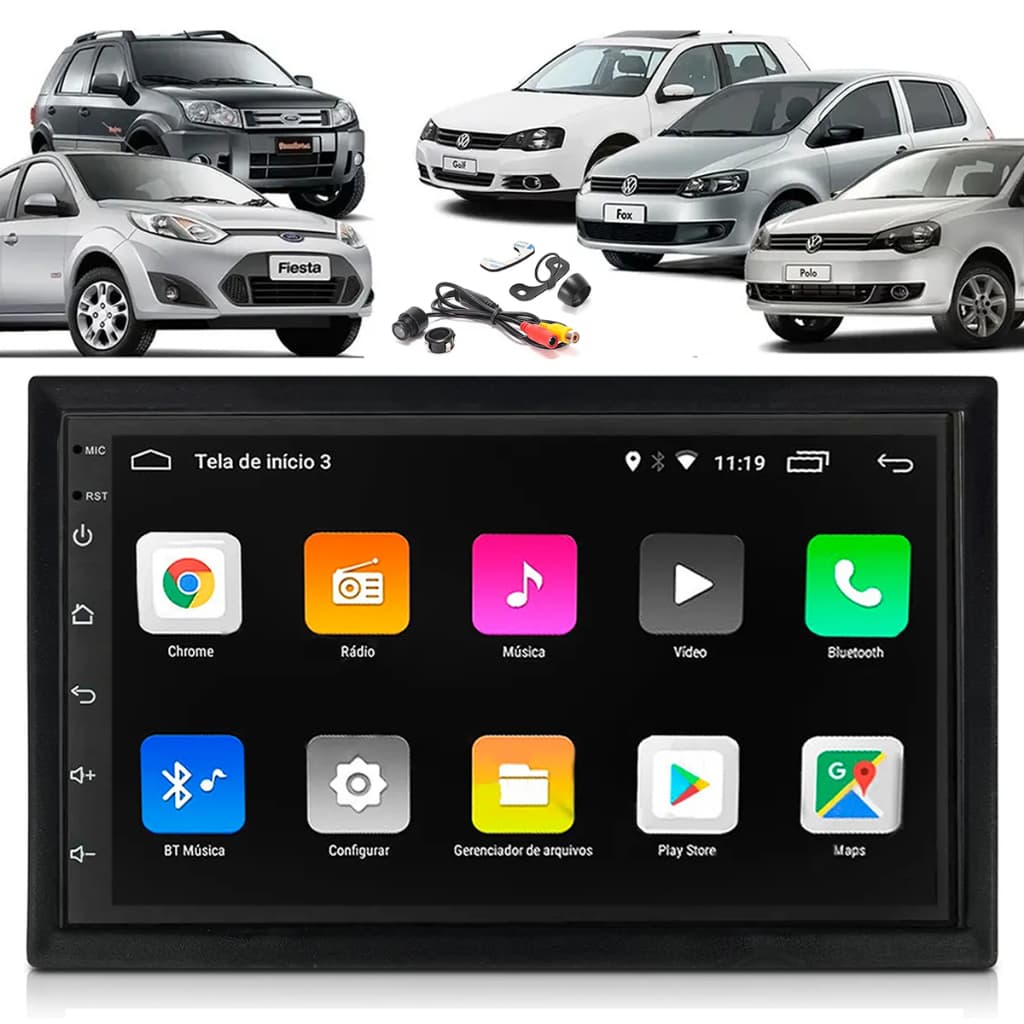 Central Multimídia Android Golf Fox Polo CarPlay GPS Wifi + Moldura + Camera de ré