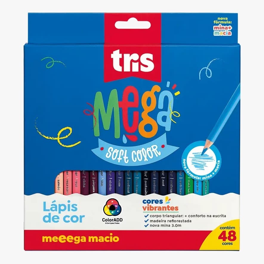 Lápis de Cor Tris 48 Cores Mega Soft Color Ultra Macio Cores Vibrantes Material Escolar
