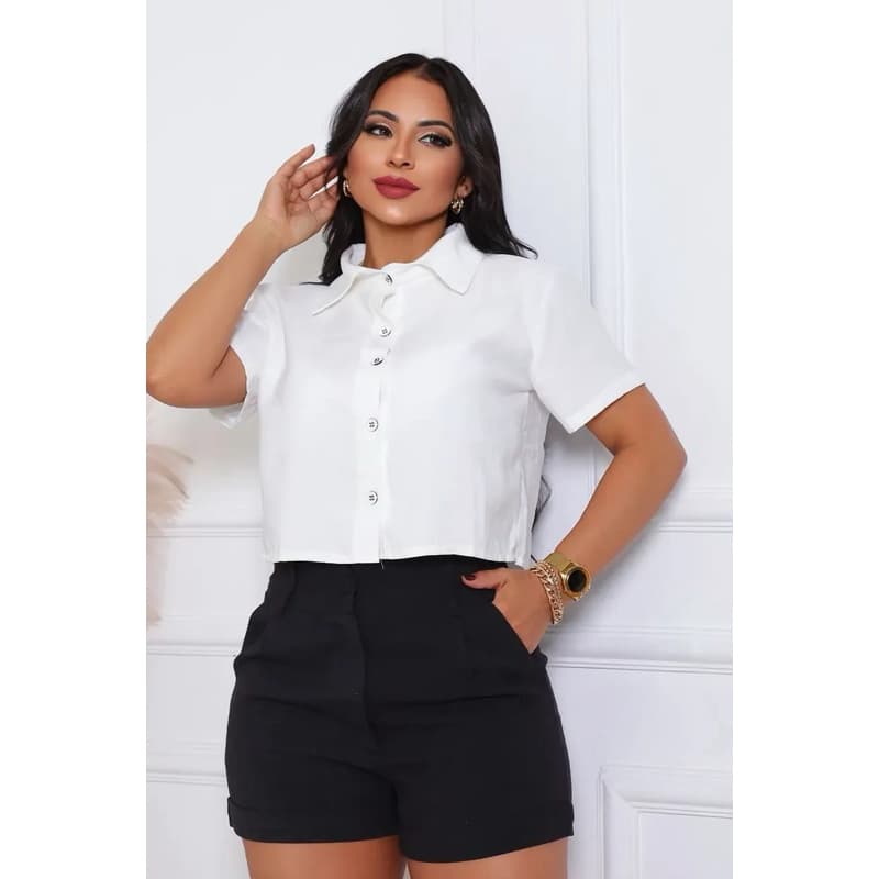 Camisa Cropped  Feminina Moderna Cropped Tecido Sensorial Camisa  Feminina Manga Curta Casual Botões Trabalho  Tendência