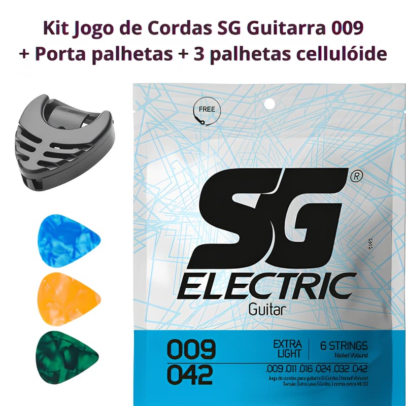 Kit Jogo de Cordas SG para Guitarra 009 + Porta palhetas + 3 Palhetas Cellulóide
