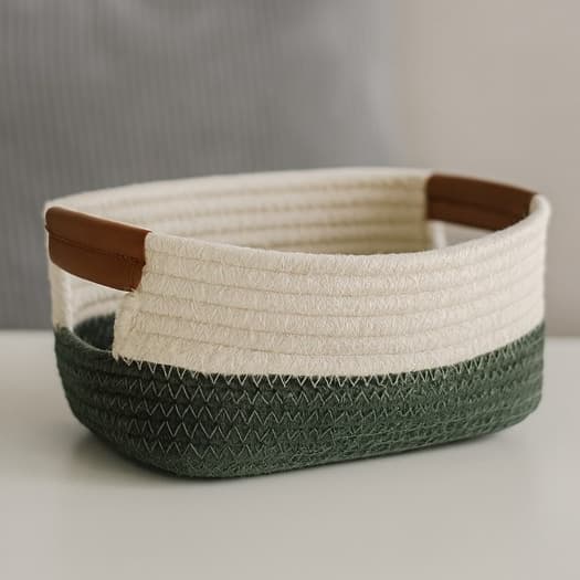 Cesto Retangular Organizador de Algodão Com Couro 23x15cm  Cesto Armazenamento Verde Militar/Bege