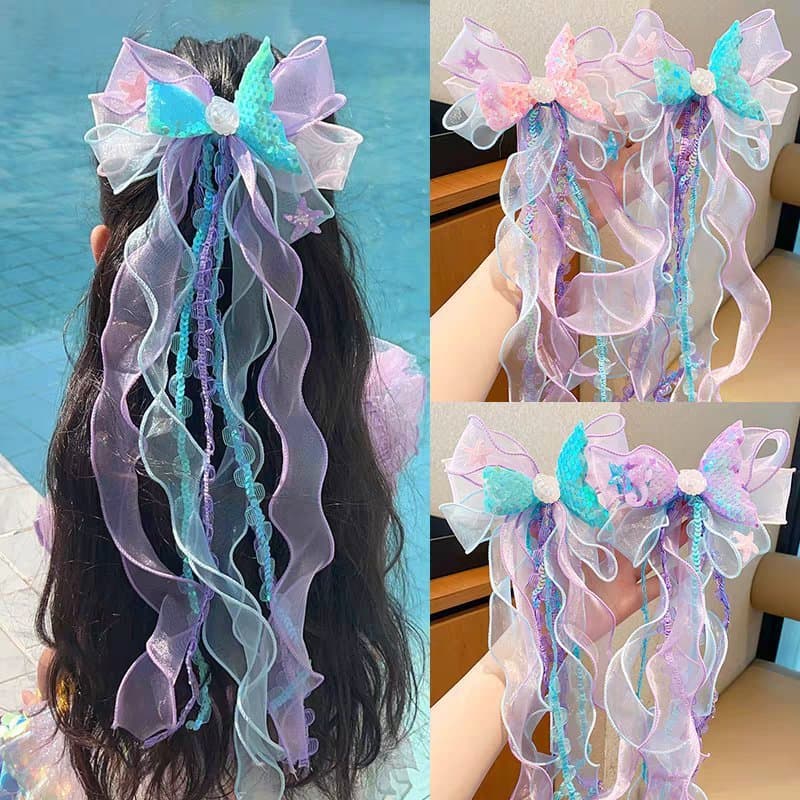 Presilha com Laço Estilo Fada Sereia | Acessório para Meninas Princesa Grampo de Cabelo - Aleatório