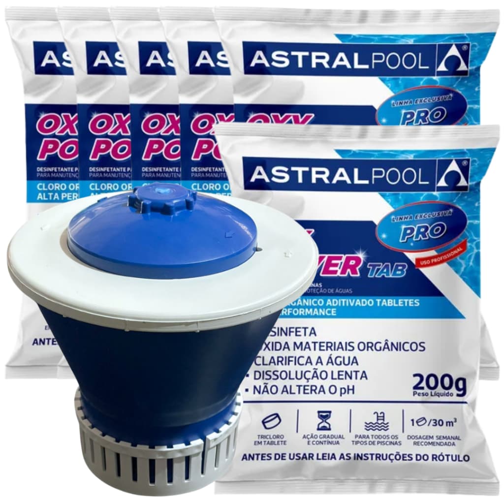 Kit 06 Pastilha Tablete Para Limpeza Piscina + 01 Margarida Clorador Flutuante Grande Para Tabletes de Cloro Piscina