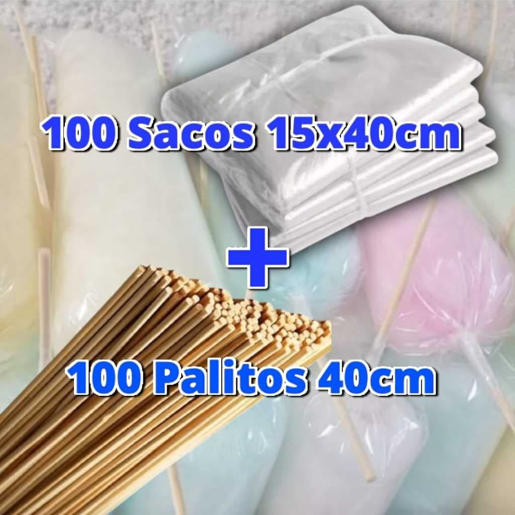 Kit 100 Saco Plástico 15x40cm + 100 Vareta Palito Bambu Para Algodão Doce 40cm