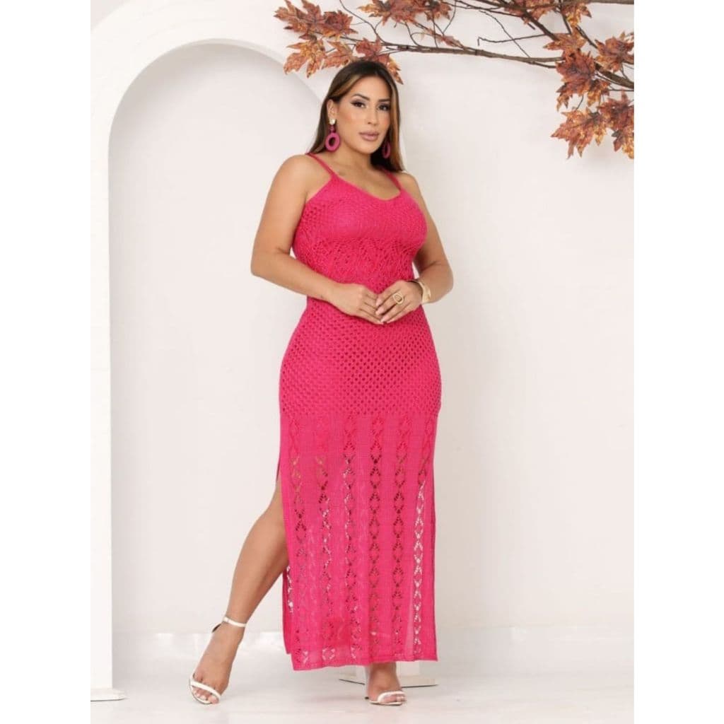 Vestido Longo  Tricô Feminino com fenda lateral Alças   Finas Elegante  Festa/Verão