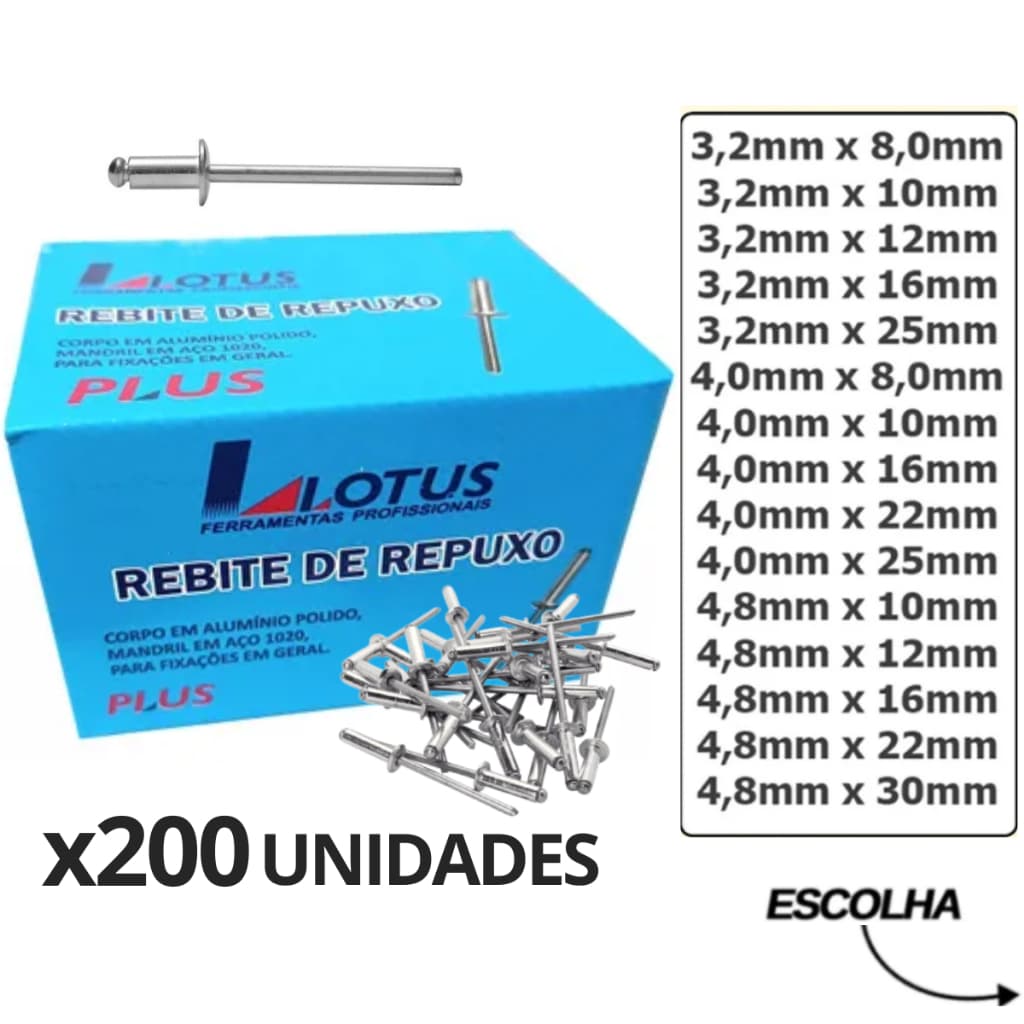 Rebite Repuxo Pop Alumínio Diversos Tamanhos para Rebitadeira - KIT 200 PEÇAS - ESCOLHER