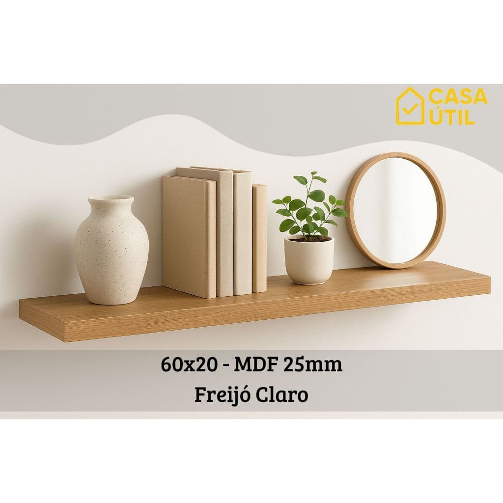 Prateleira 60x20 cm MDF 25mm Freijó Claro com Suporte Invisível Reforçado| Sala, Cozinha e Quarto