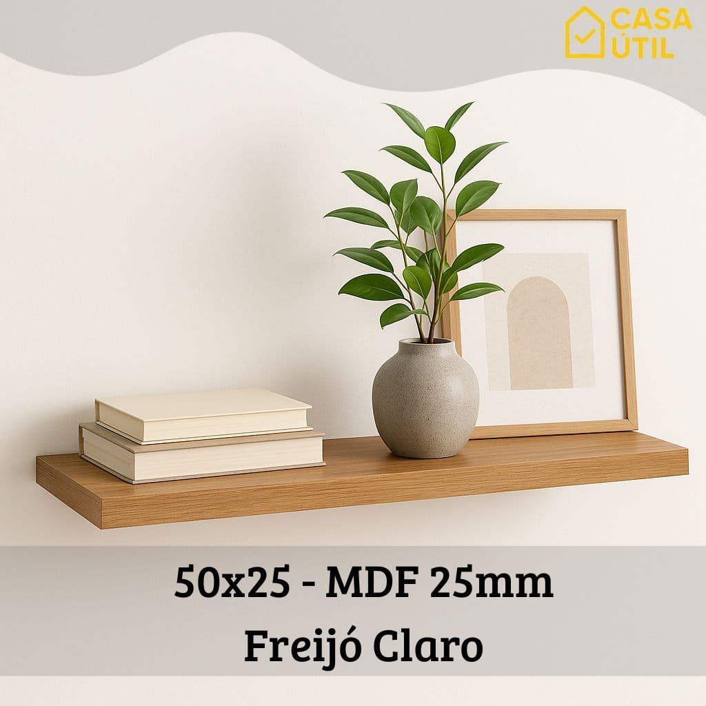 Prateleira 50x25 cm MDF 25mm Freijó Claro com Suporte Invisível Reforçado| Sala, Cozinha e Quarto