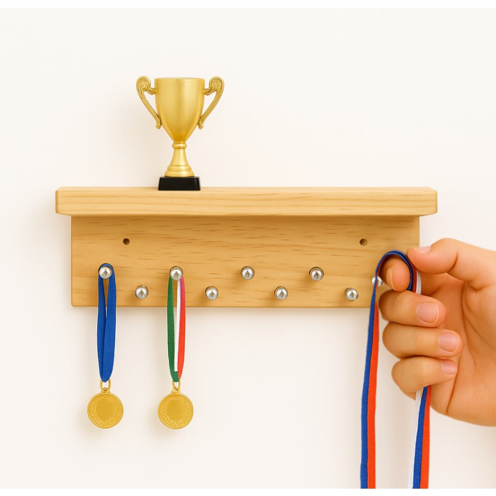 Porta medalhas e troféu com ganchos e prateleira PINUS