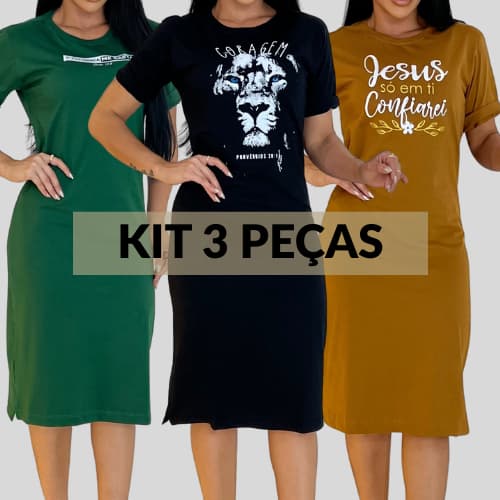 Kit 3 Vestidos Midi Feminino 100% Algodão Premium Gola Redonda com Fenda