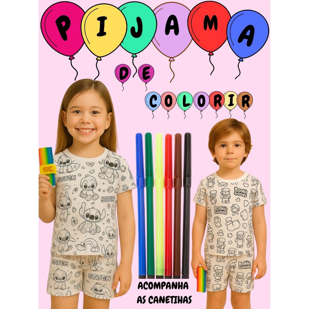 Pijama Infantil Divertido Colorir Pintar Desenho Manga Curta Verão Menino ou Menina com canetinhas