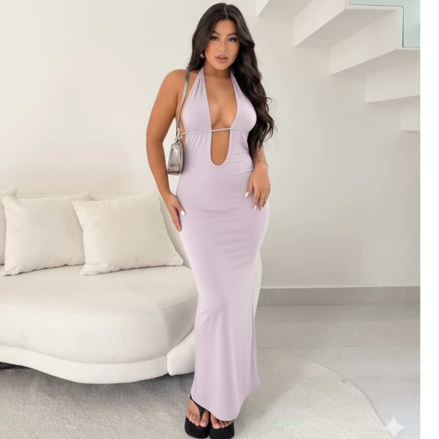 Vestido Longo Elegante com Decote Frente Ajustável Amarração Nas Costas Gringo
