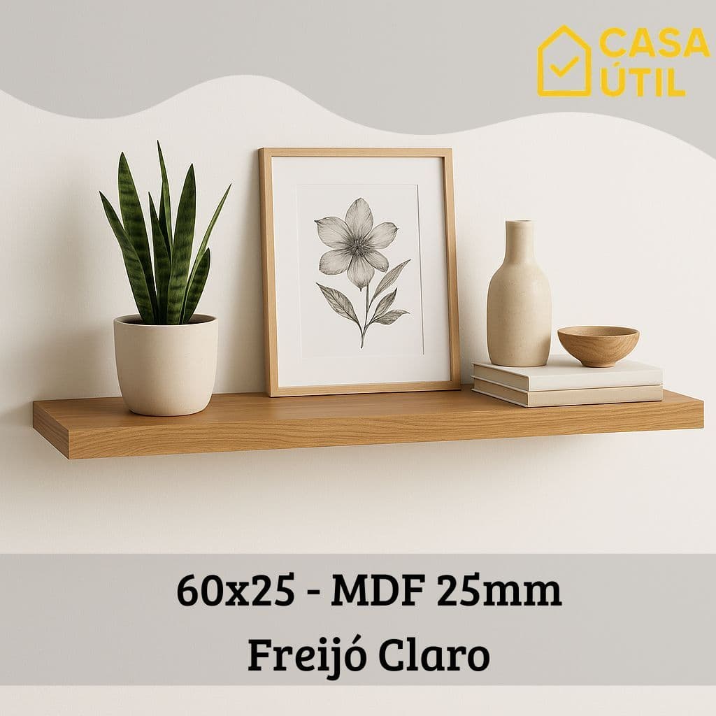 Prateleira 60x25 cm MDF 25mm Freijó Claro com Suporte Invisível Reforçado| Sala, Cozinha e Quarto