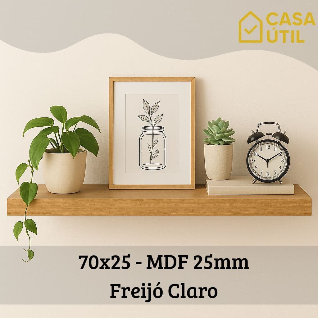 Prateleira 70x25 cm MDF 25mm Freijó Claro com Suporte Invisível Reforçado| Sala, Cozinha e Quarto