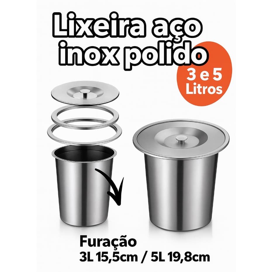 Lixeira de Embutir Inox Pia Gourmet 3 ou 5 Litros não Enferruja resistente linha luxo