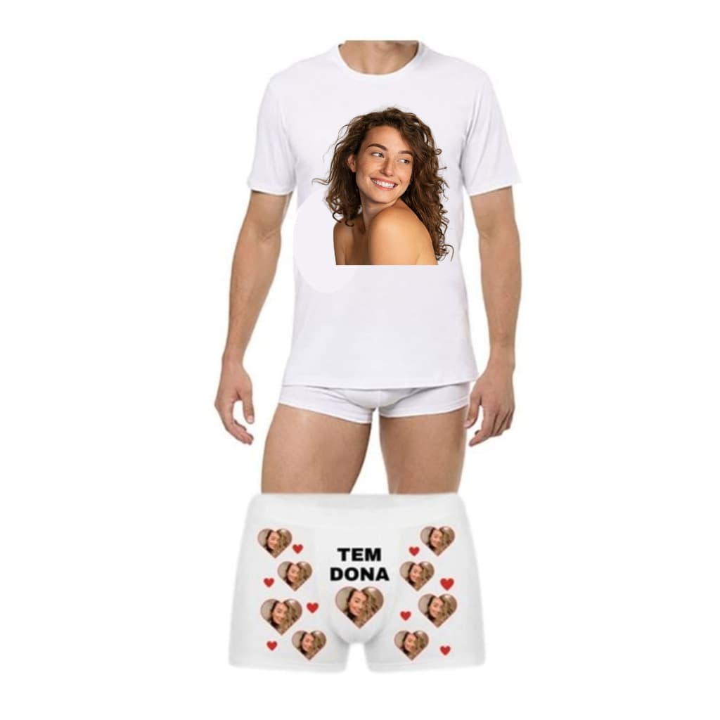 Pijama Masculino Personalizado com Sua Foto (cueca + camiseta) Tem Dona / Tudo Meu
