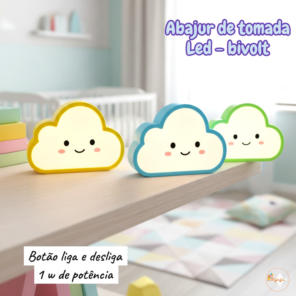 Luminária para Quarto Infantil de LED Nuvem Fofa Kit 2 Cores Abajur de Tomada Luz Bebe e Criança